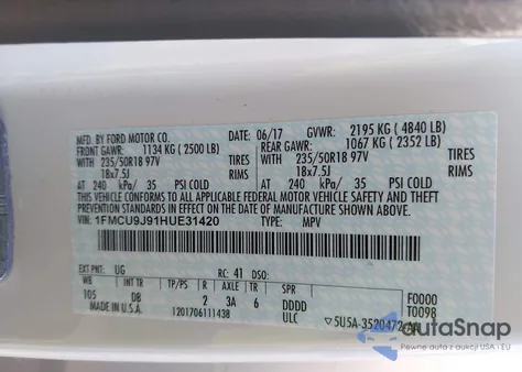 2017 Ford Escape Titanium z USA, uszkodzony, nr VIN 1FMCU9J91HUE31420